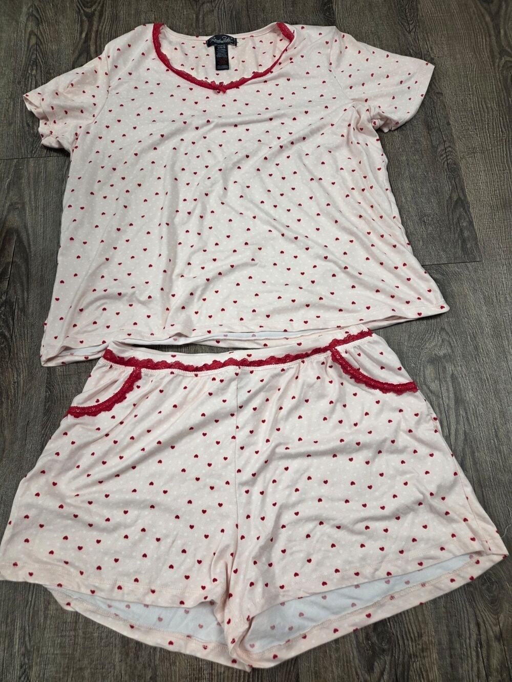 Rene Rofe Pink Red Hearts Lace Trim Pajamas Set Shorts Shirt Size Large